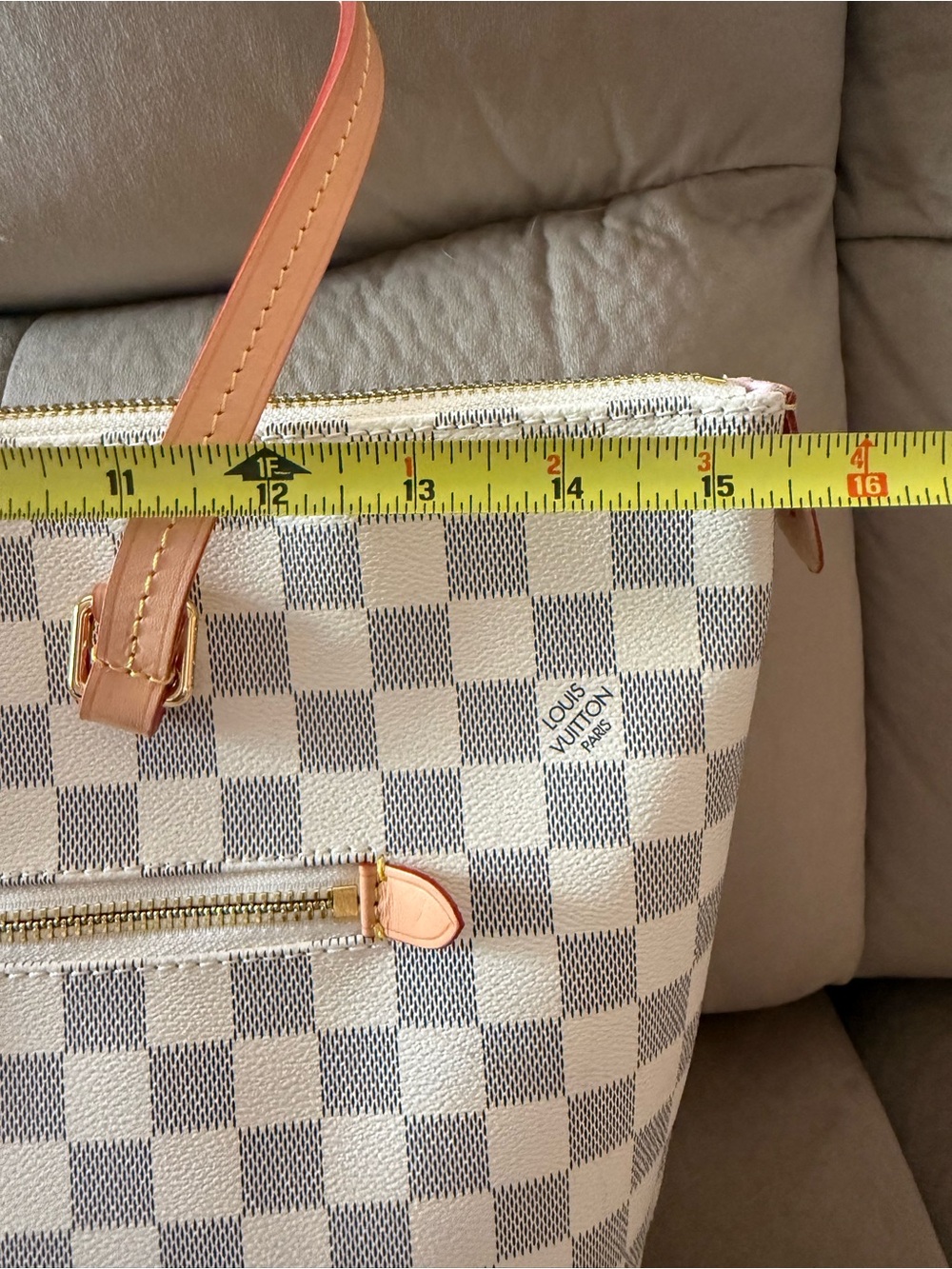 Cream and Gray Damier Azur Canvas Tote with Natural Leather Trim - Picture 11 of 13